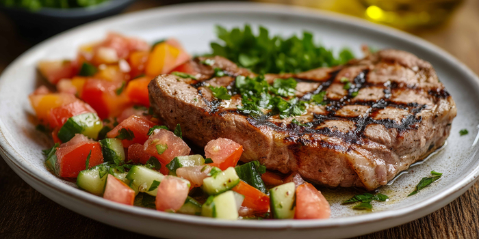 Steak mit Salat und Gemüse.