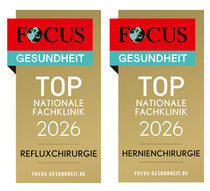 FOCUS-Siegel "Top Nationale Fachklinik 2026 für Refluxchirurgie" und "Top Nationale Fachklinik 2026 für Hernienchirurgie"